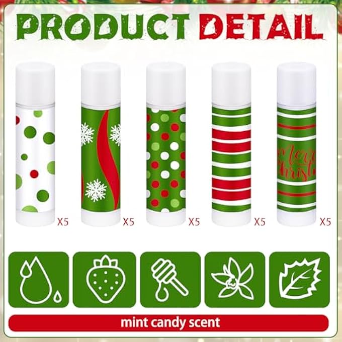 Loopeer 25 PCS CHRISTMAS PEPPERMINT FLAVOR LIP BALMS GIFTS BULK MINI PEPPERMINT CANDY FLAVOR MOISTURIZING LIP BALMS ELF XMAS CHRISTIAN PARTY FAVORS XMAS STOCKING STUFFER BULK FOR WOMEN COWORKER STAFF EMPLOYEE - Image 2